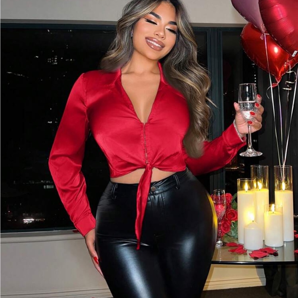SHEIN Red Satin Tie-Front Blouse